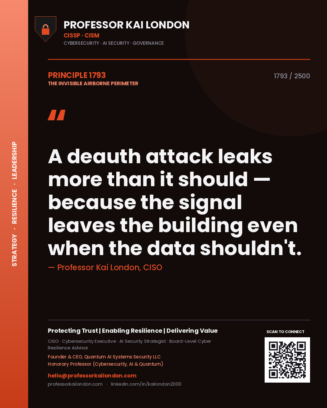 Professor Kai London principle 1793: A deauth attack leaks more than it should — because the signal leaves the building even when the data shouldn't.