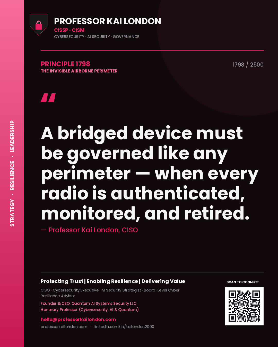 Professor Kai London principle 1798: A bridged device must be governed like any perimeter — when every radio is authenticated, monitored, and retired.