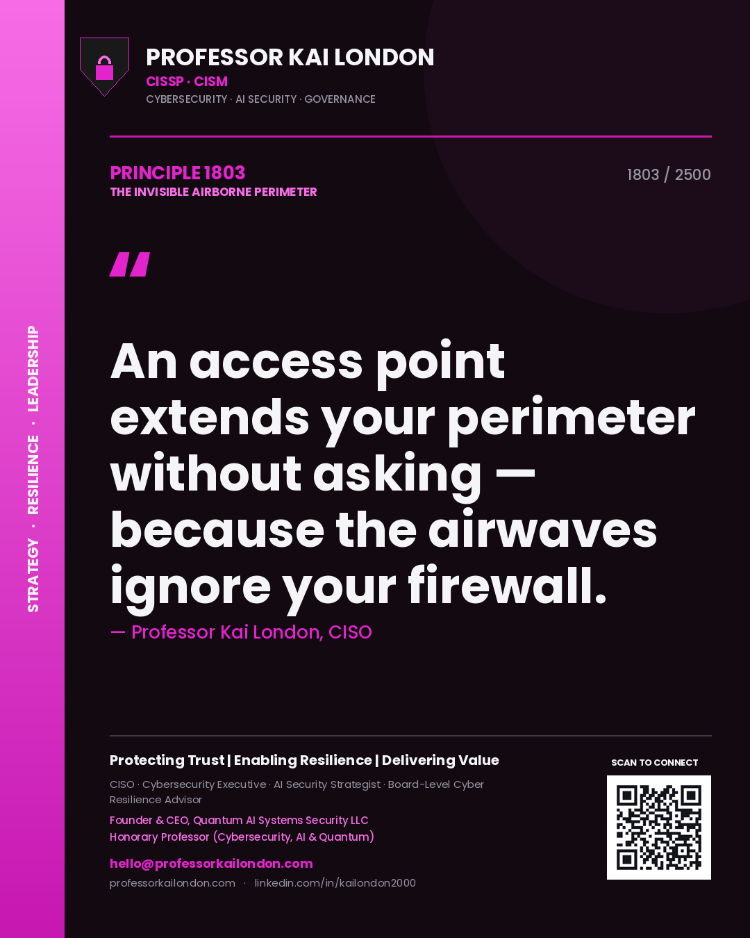 Professor Kai London principle 1803: An access point extends your perimeter without asking — because the airwaves ignore your firewall.