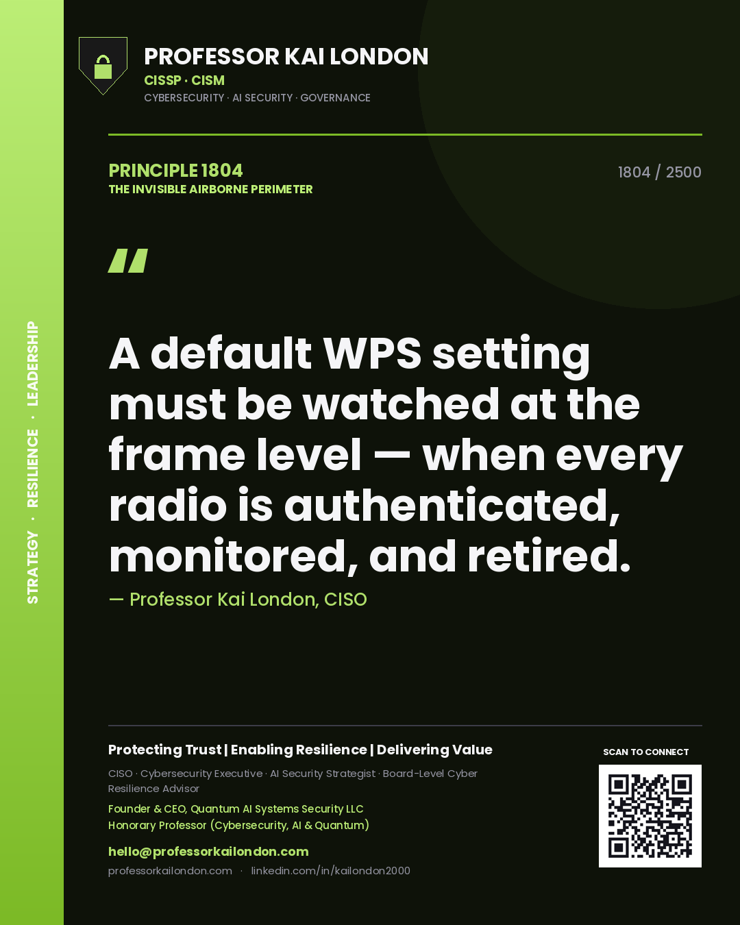 Quote card by Professor Kai London reading 'A default WPS setting must be watched at the frame level — when every radio is authenticated, monitored, and retired.'. From the book The Invisible Airborne Perimeter.