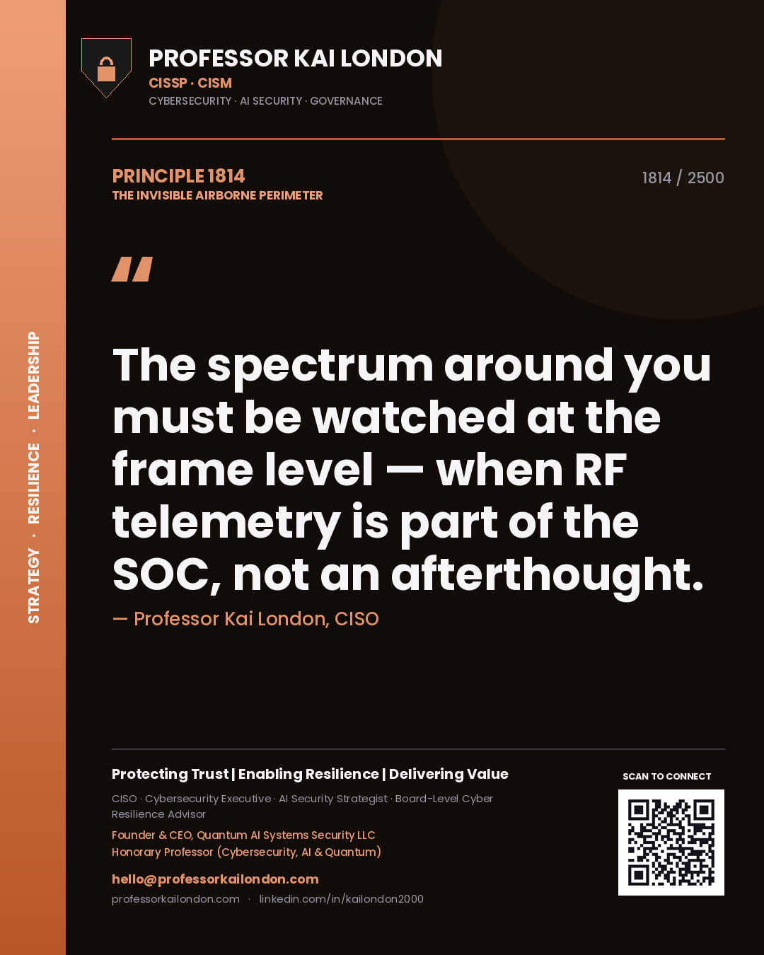 Quote card by Professor Kai London reading 'The spectrum around you must be watched at the frame level — when RF telemetry is part of the SOC, not an afterthought.'. From the book The Invisible Airborne Perimeter.