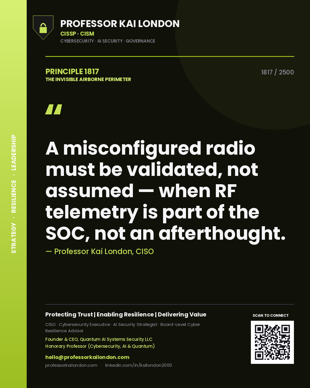 Quote card by Professor Kai London reading 'A misconfigured radio must be validated, not assumed — when RF telemetry is part of the SOC, not an afterthought.'. From the book The Invisible Airborne Perimeter.