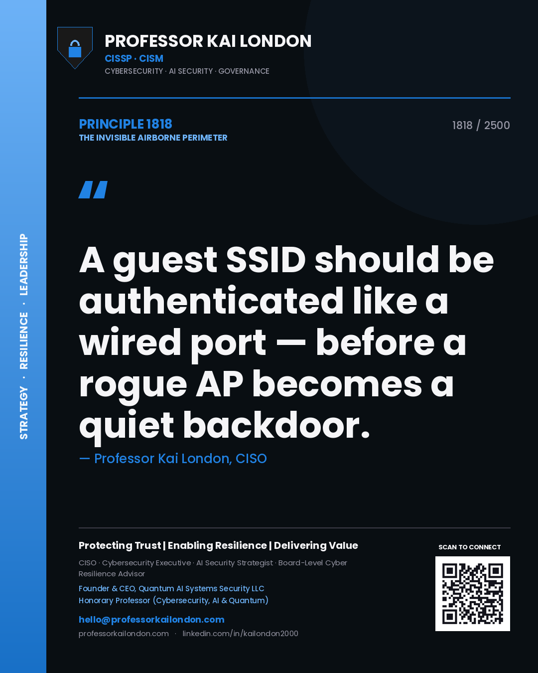 Professor Kai London principle 1818: A guest SSID should be authenticated like a wired port — before a rogue AP becomes a quiet backdoor.