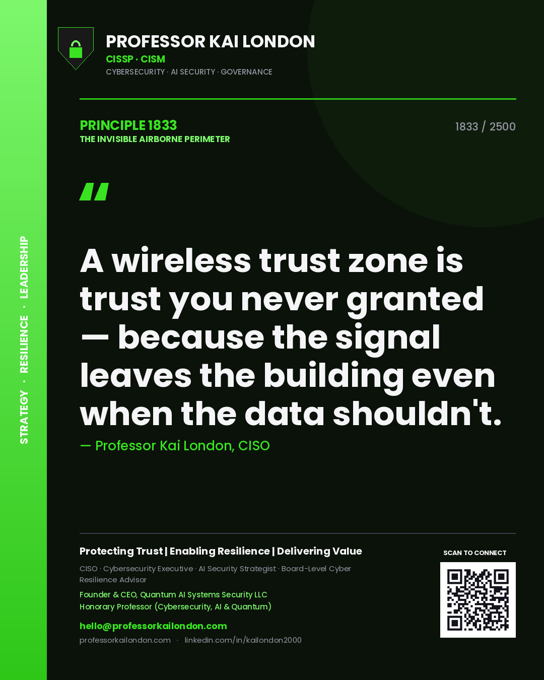 Professor Kai London principle 1833: A wireless trust zone is trust you never granted — because the signal leaves the building even when the data shouldn't.
