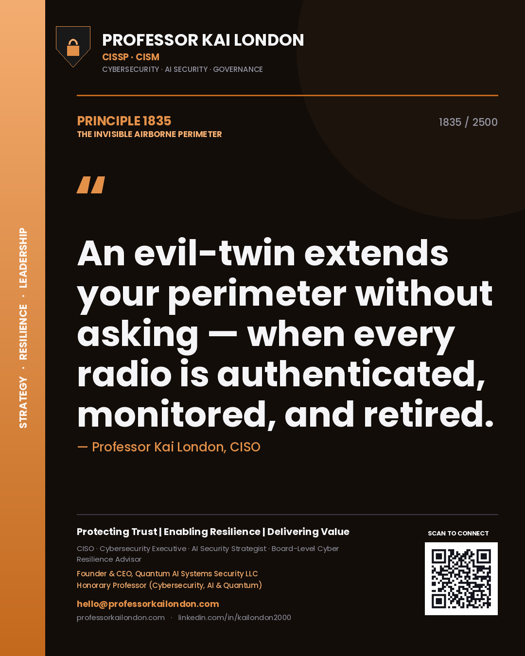 Professor Kai London principle 1835: An evil-twin extends your perimeter without asking — when every radio is authenticated, monitored, and retired.
