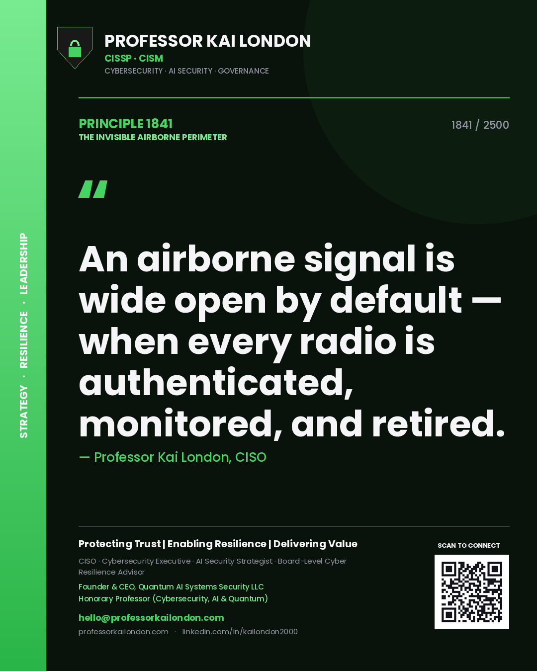 Professor Kai London principle 1841: An airborne signal is wide open by default — when every radio is authenticated, monitored, and retired.
