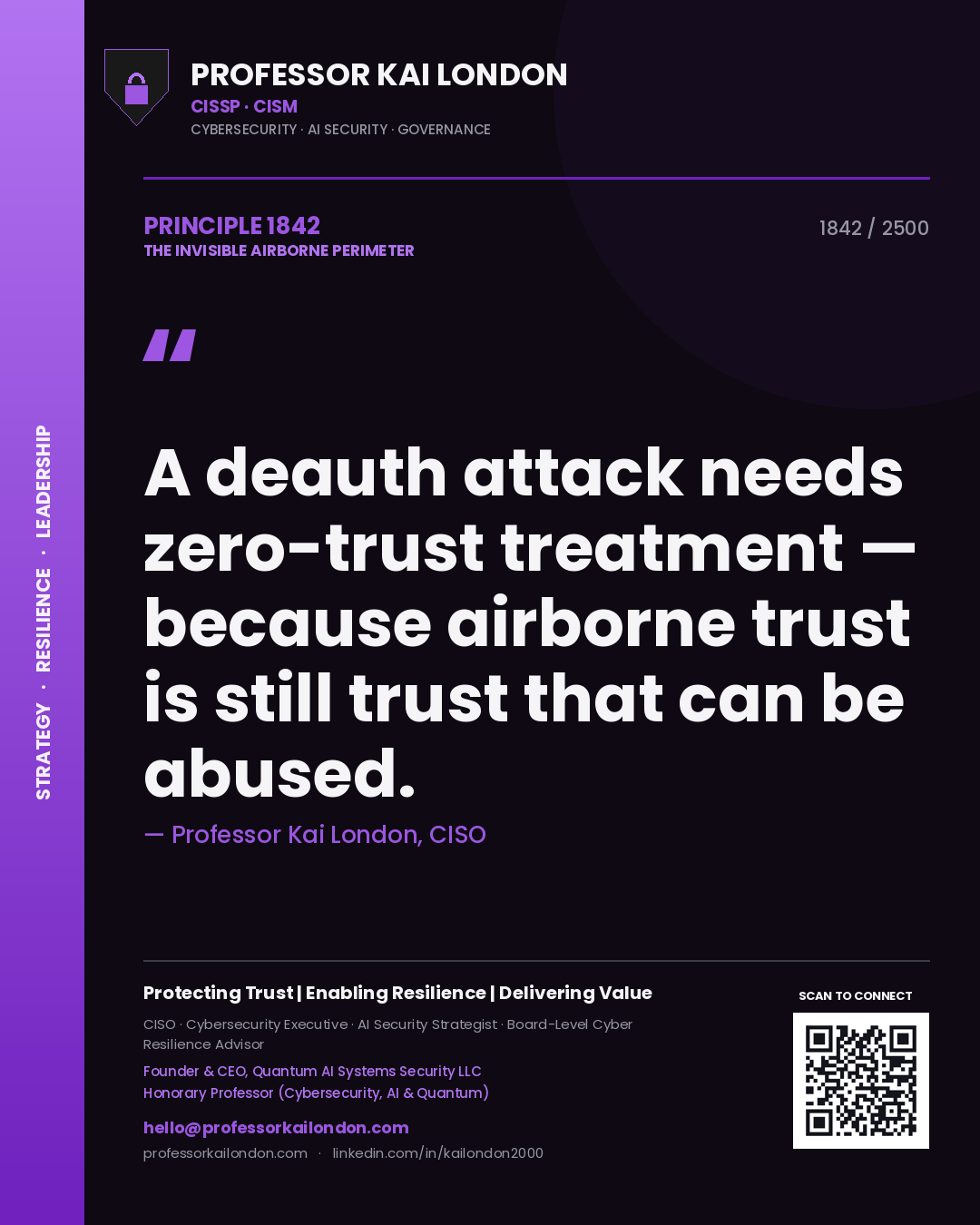 Quote card by Professor Kai London reading 'A deauth attack needs zero-trust treatment — because airborne trust is still trust that can be abused.'. From the book The Invisible Airborne Perimeter.
