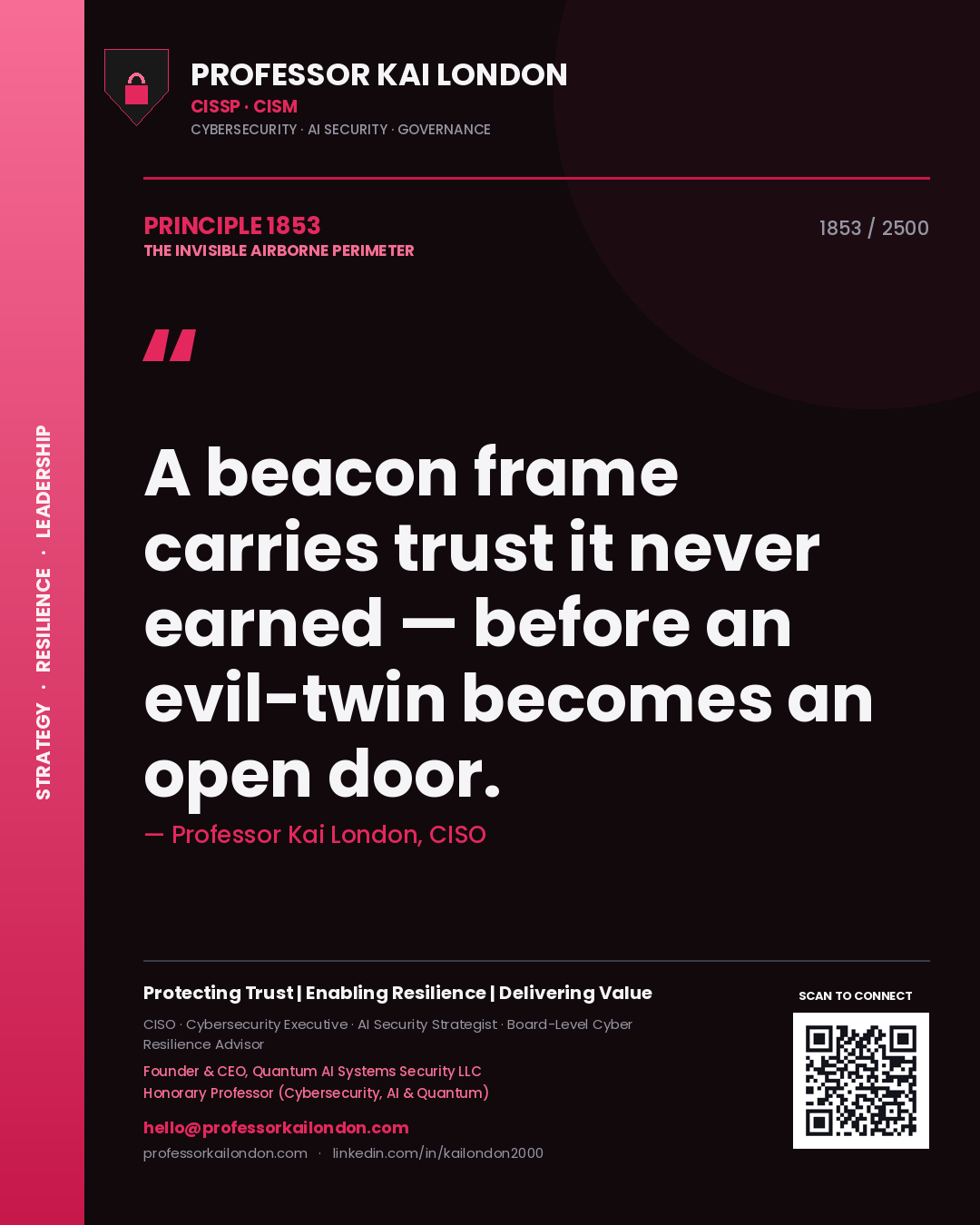 Professor Kai London principle 1853: A beacon frame carries trust it never earned — before an evil-twin becomes an open door.