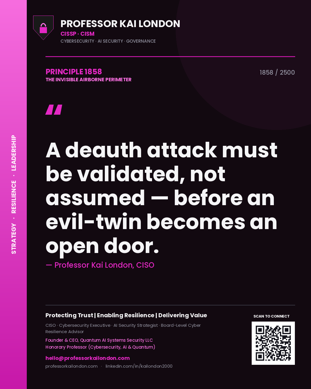 Quote card by Professor Kai London reading 'A deauth attack must be validated, not assumed — before an evil-twin becomes an open door.'. From the book The Invisible Airborne Perimeter.