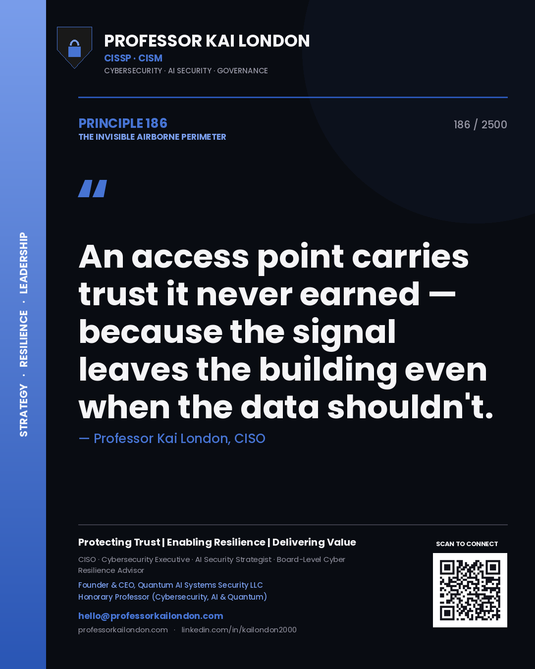 Professor Kai London principle 186: An access point carries trust it never earned — because the signal leaves the building even when the data shouldn't.
