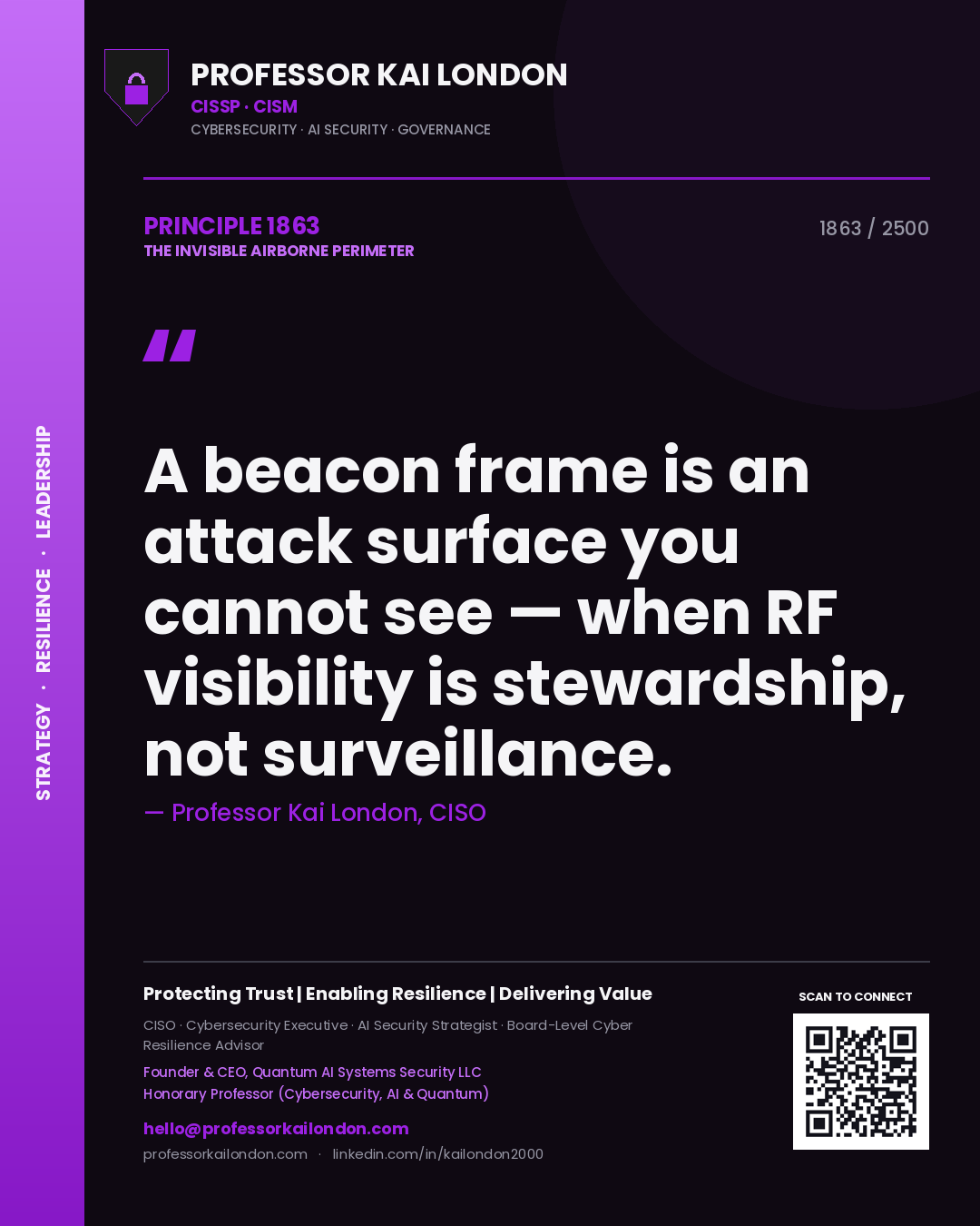 Professor Kai London principle 1863: A beacon frame is an attack surface you cannot see — when RF visibility is stewardship, not surveillance.