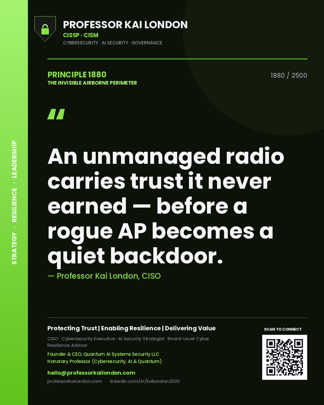 Professor Kai London principle 1880: An unmanaged radio carries trust it never earned — before a rogue AP becomes a quiet backdoor.