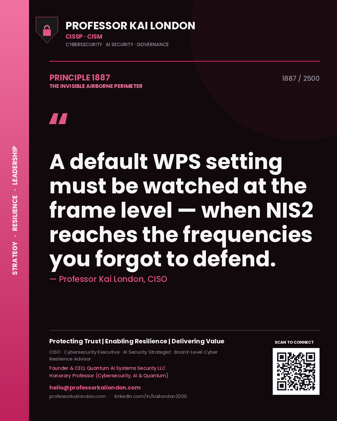 Professor Kai London principle 1887: A default WPS setting must be watched at the frame level — when NIS2 reaches the frequencies you forgot to defend.