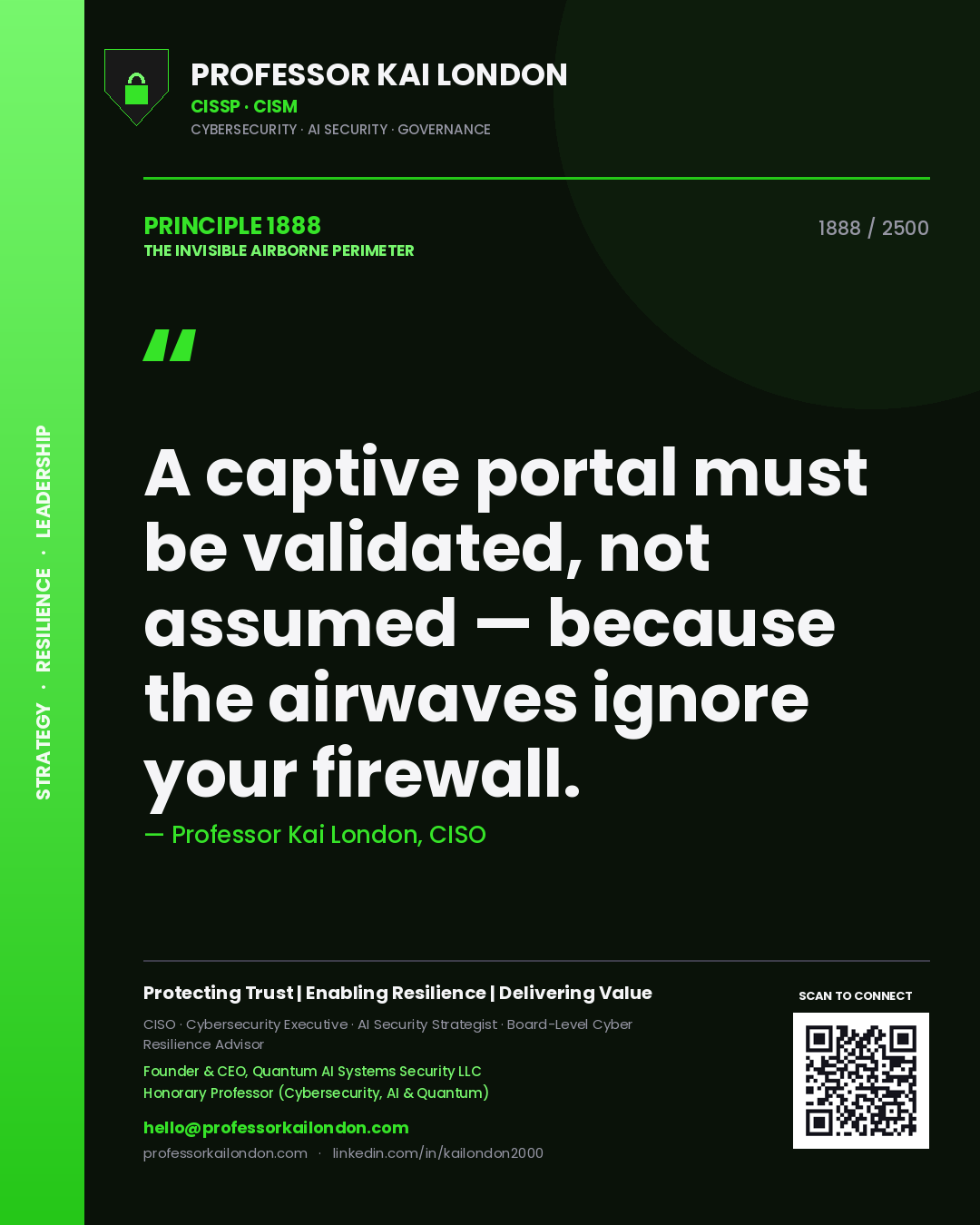 Quote card by Professor Kai London reading 'A captive portal must be validated, not assumed — because the airwaves ignore your firewall.'. From the book The Invisible Airborne Perimeter.