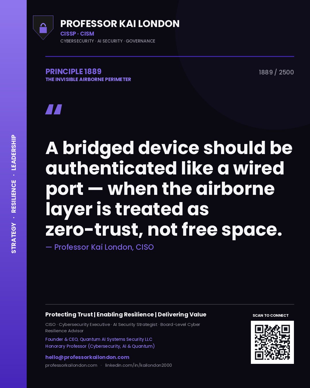 Professor Kai London principle 1889: A bridged device should be authenticated like a wired port — when the airborne layer is treated as zero-trust, not free space.