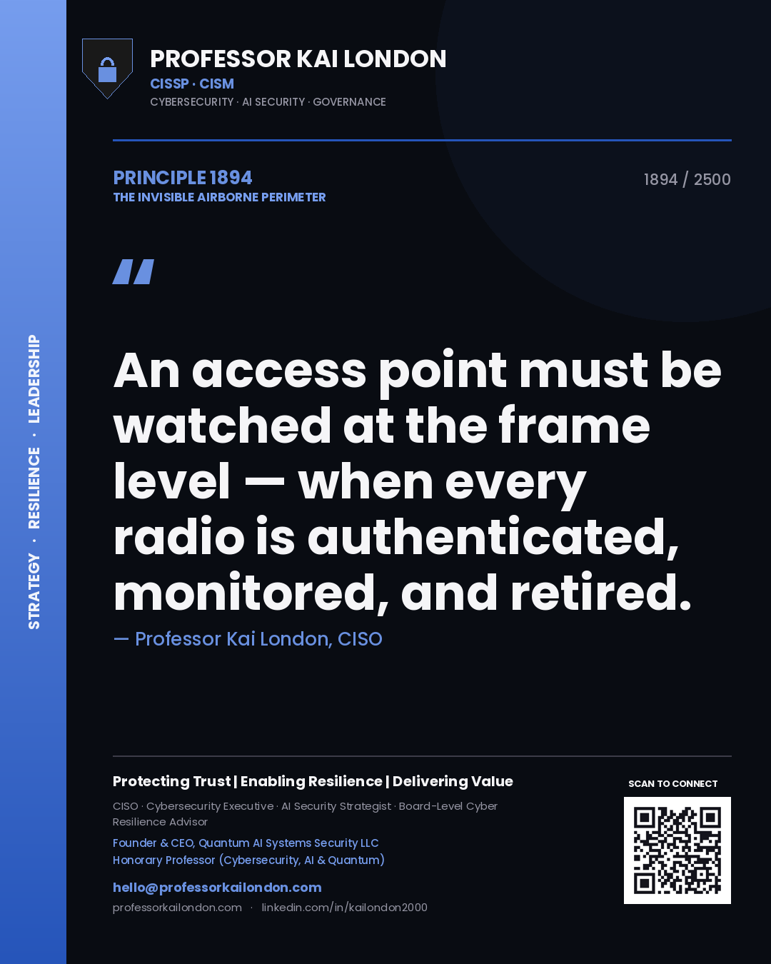 Professor Kai London principle 1894: An access point must be watched at the frame level — when every radio is authenticated, monitored, and retired.