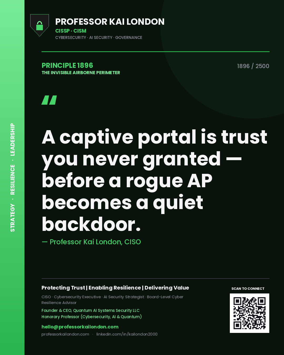 Professor Kai London principle 1896: A captive portal is trust you never granted — before a rogue AP becomes a quiet backdoor.
