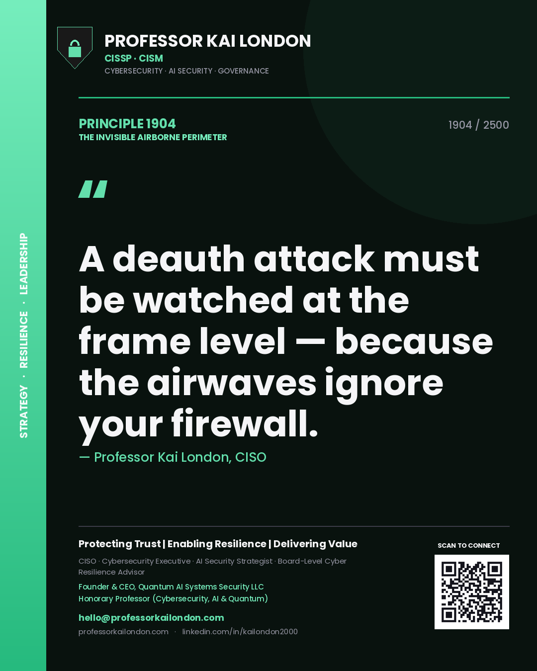 Quote card by Professor Kai London reading 'A deauth attack must be watched at the frame level — because the airwaves ignore your firewall.'. From the book The Invisible Airborne Perimeter.