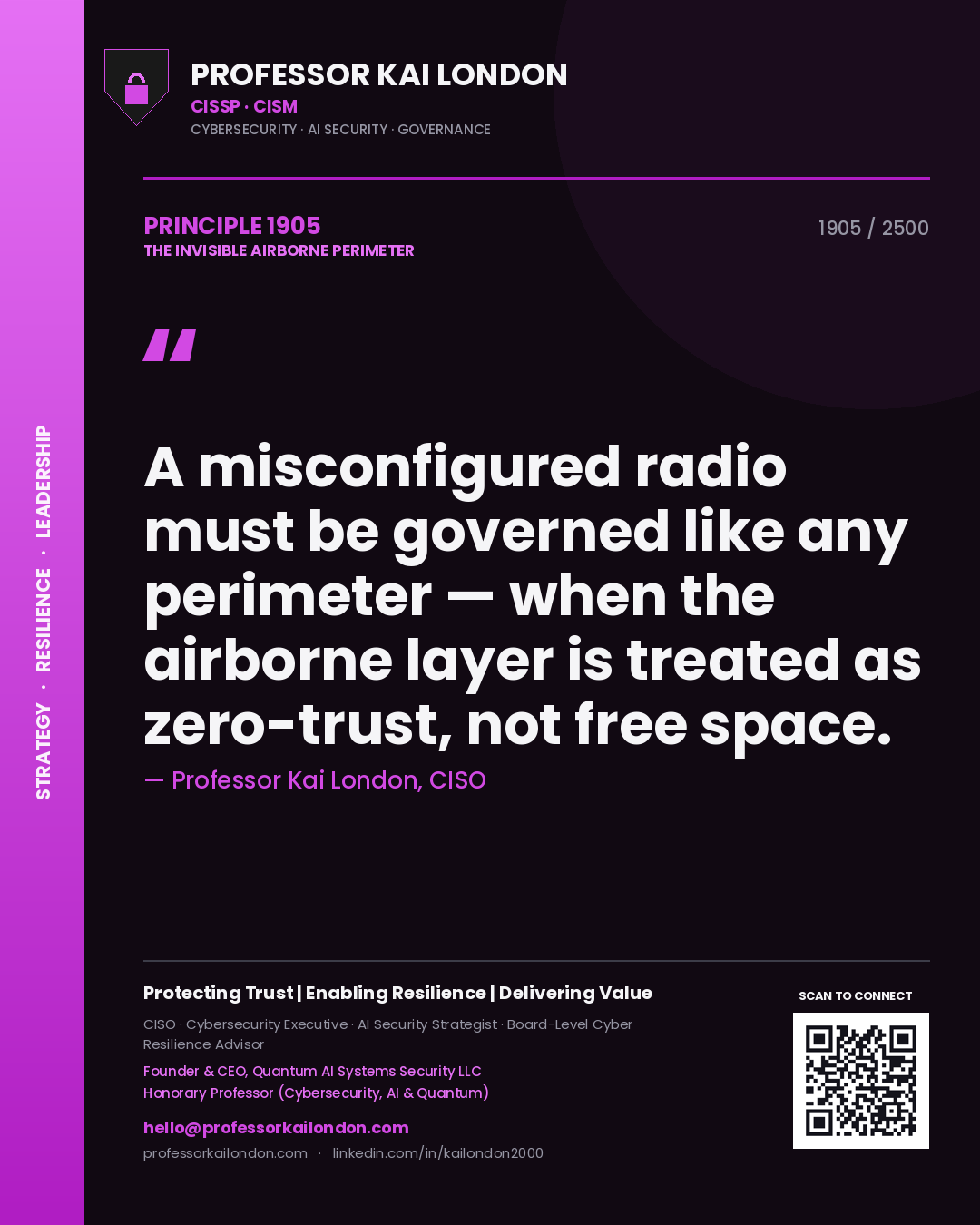 Professor Kai London principle 1905: A misconfigured radio must be governed like any perimeter — when the airborne layer is treated as zero-trust, not free space.