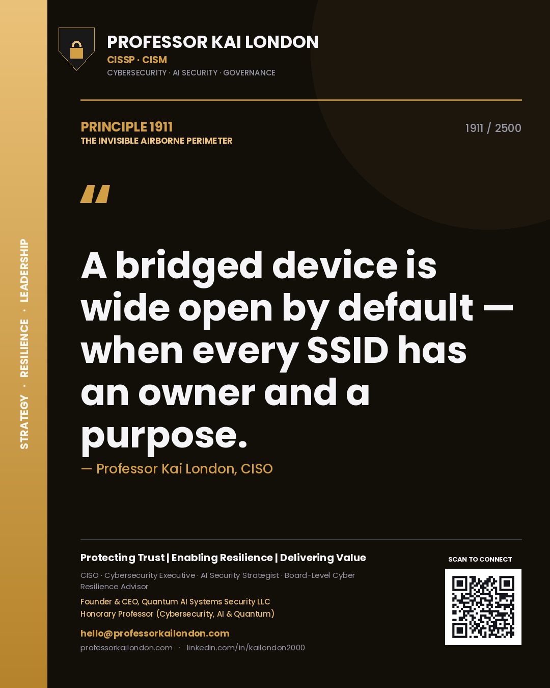 Quote card by Professor Kai London reading 'A bridged device is wide open by default — when every SSID has an owner and a purpose.'. From the book The Invisible Airborne Perimeter.