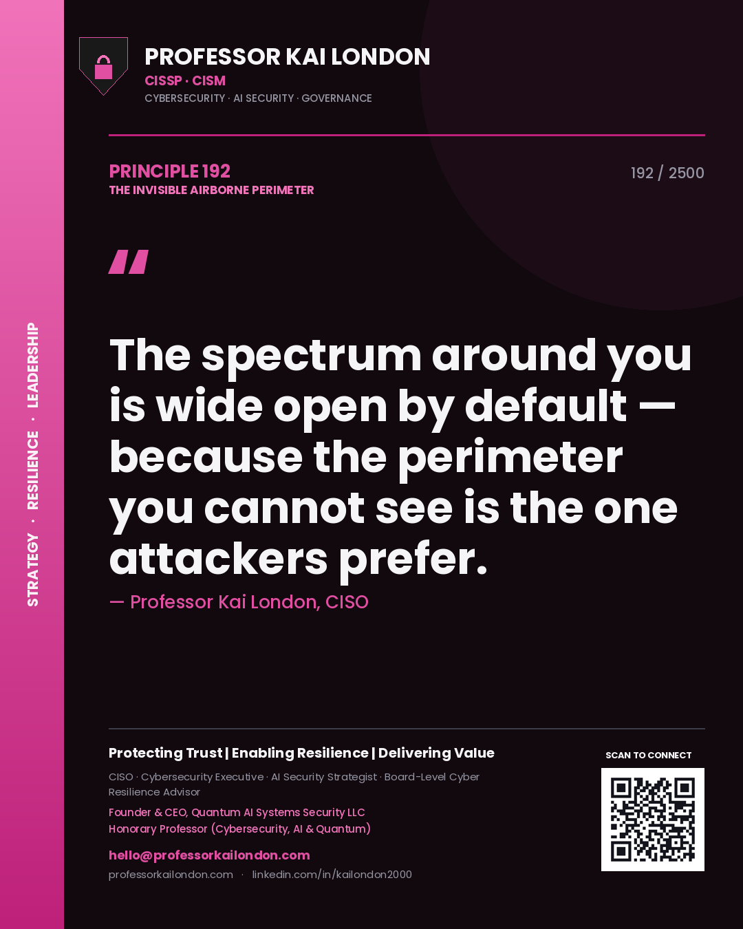 Professor Kai London principle 192: The spectrum around you is wide open by default — because the perimeter you cannot see is the one attackers prefer.