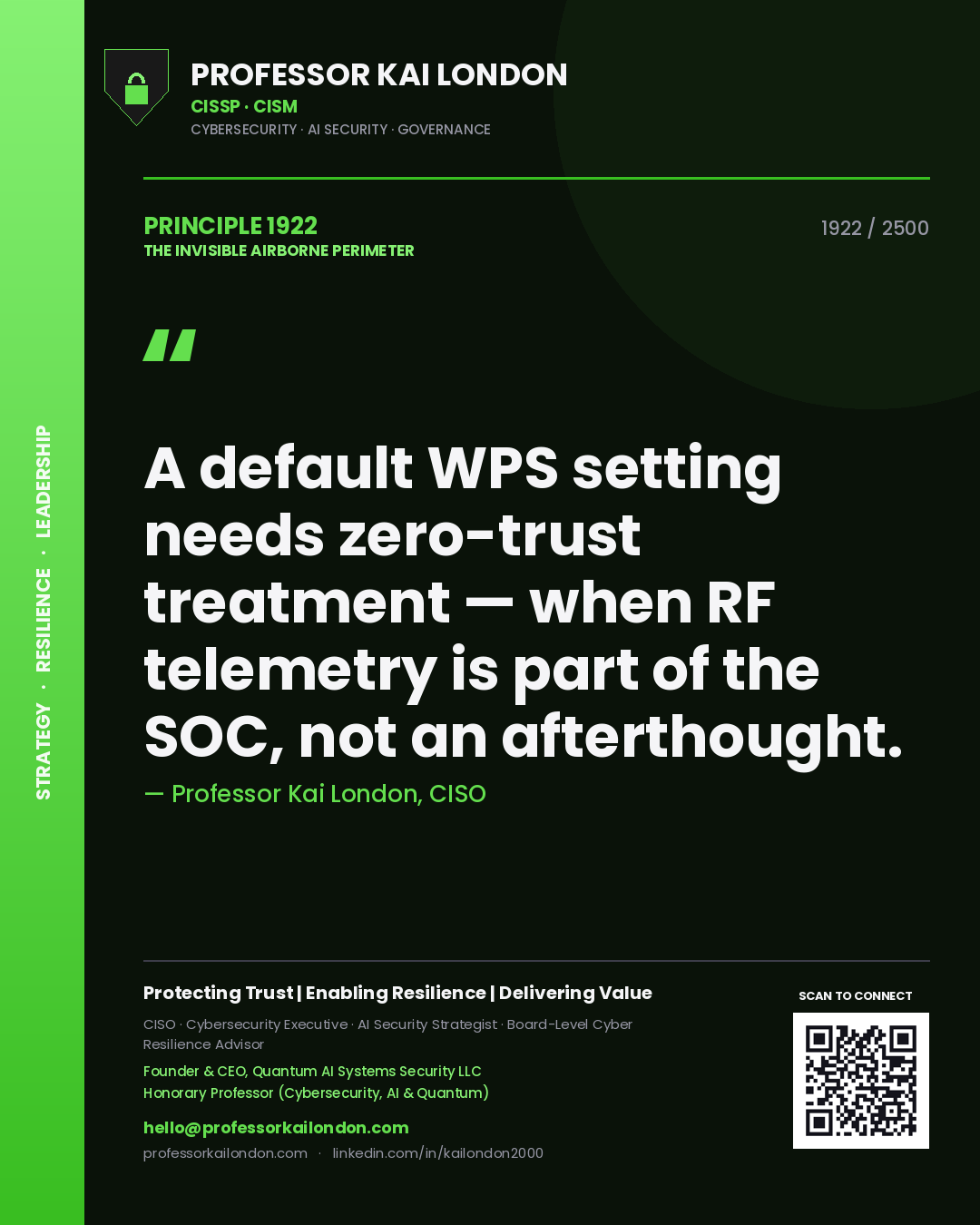 Professor Kai London principle 1922: A default WPS setting needs zero-trust treatment — when RF telemetry is part of the SOC, not an afterthought.