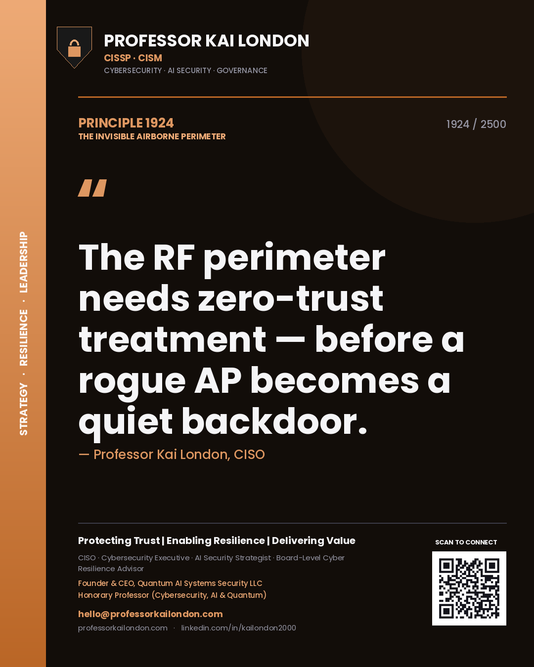 Quote card by Professor Kai London reading 'The RF perimeter needs zero-trust treatment — before a rogue AP becomes a quiet backdoor.'. From the book The Invisible Airborne Perimeter.