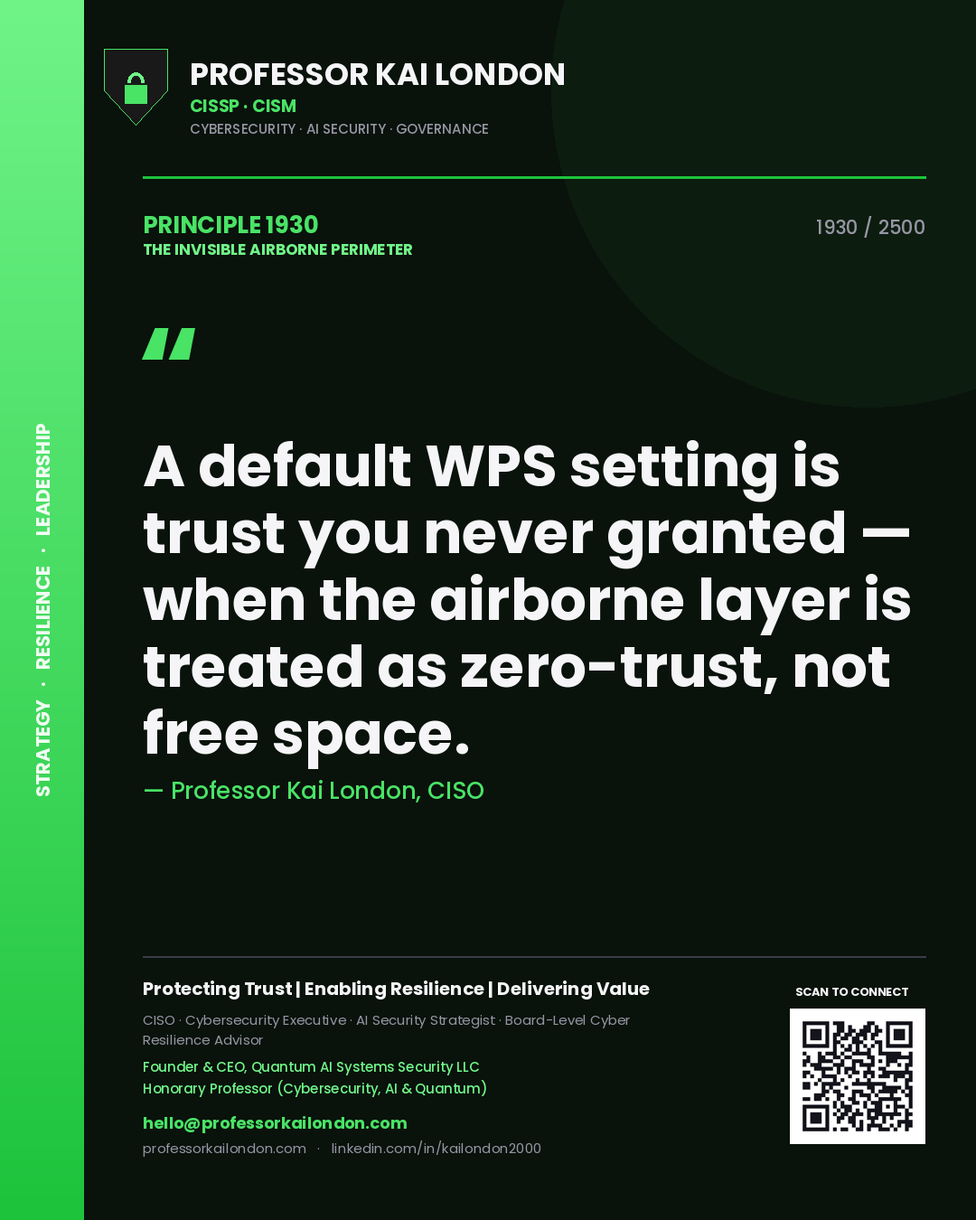 Professor Kai London principle 1930: A default WPS setting is trust you never granted — when the airborne layer is treated as zero-trust, not free space.