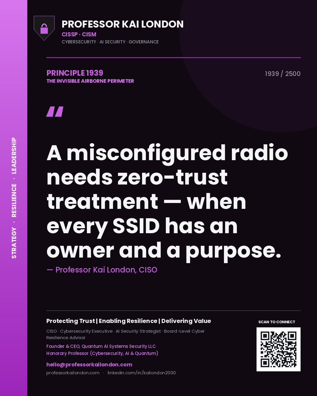 Professor Kai London principle 1939: A misconfigured radio needs zero-trust treatment — when every SSID has an owner and a purpose.
