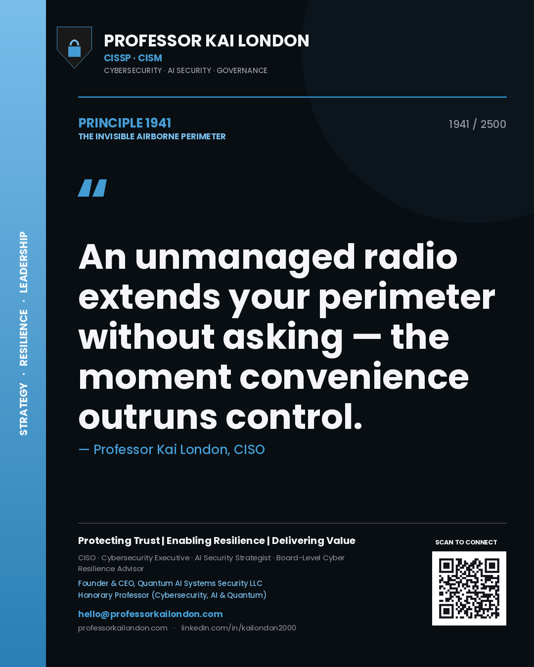 Professor Kai London principle 1941: An unmanaged radio extends your perimeter without asking — the moment convenience outruns control.