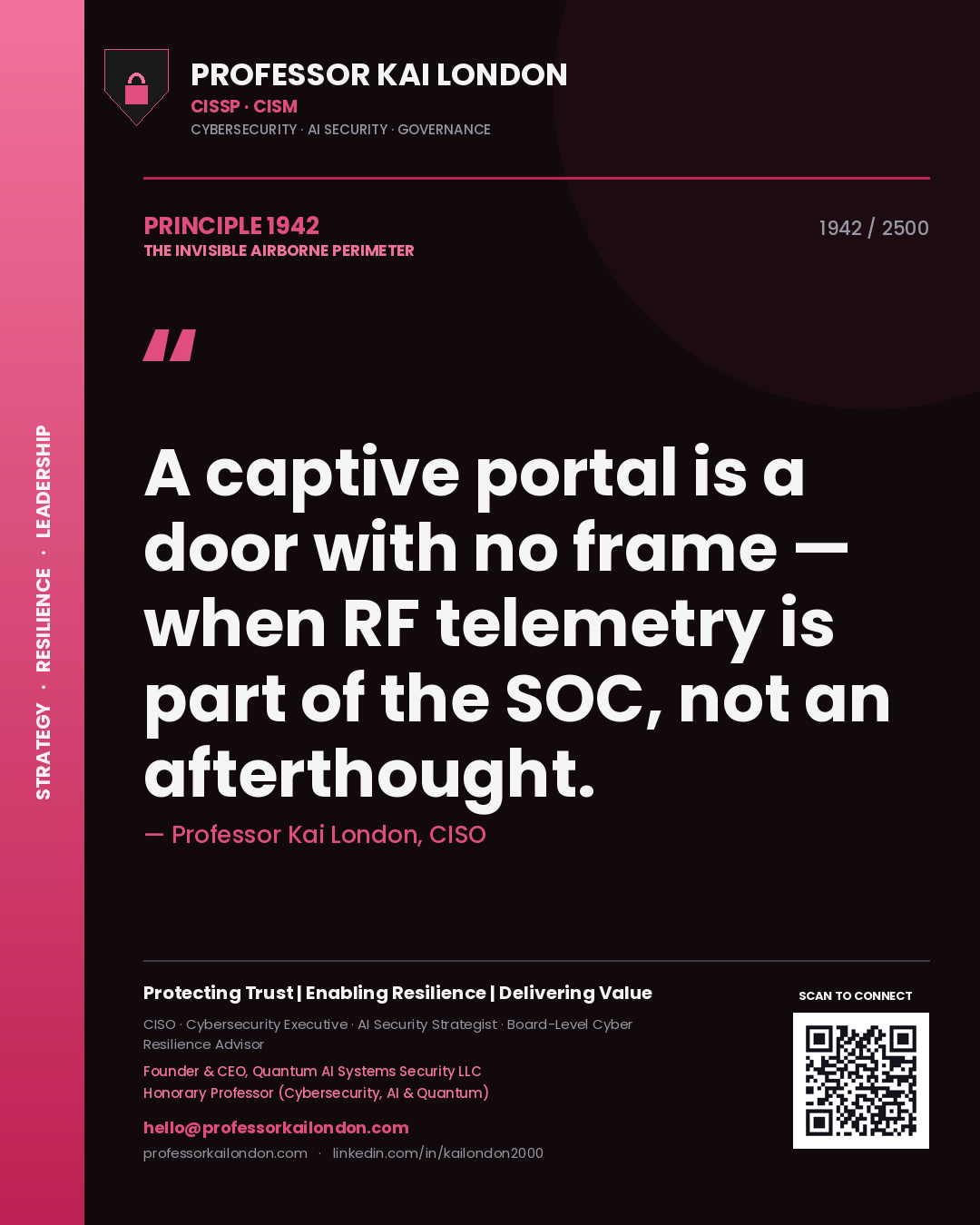 Quote card by Professor Kai London reading 'A captive portal is a door with no frame — when RF telemetry is part of the SOC, not an afterthought.'. From the book The Invisible Airborne Perimeter.