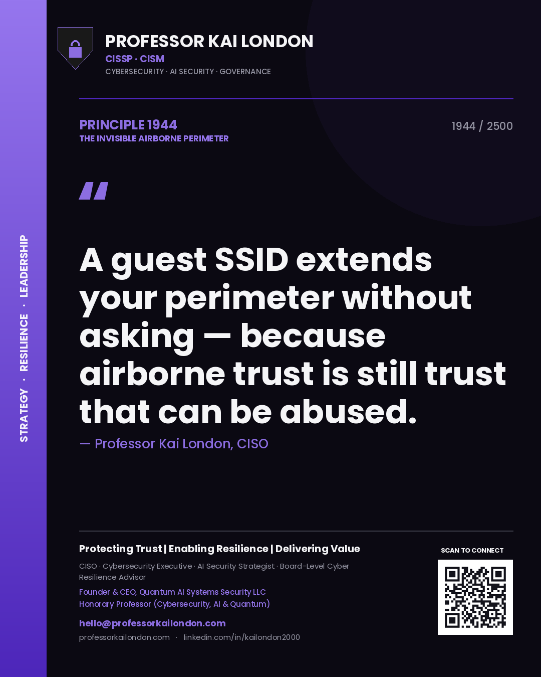 Professor Kai London principle 1944: A guest SSID extends your perimeter without asking — because airborne trust is still trust that can be abused.