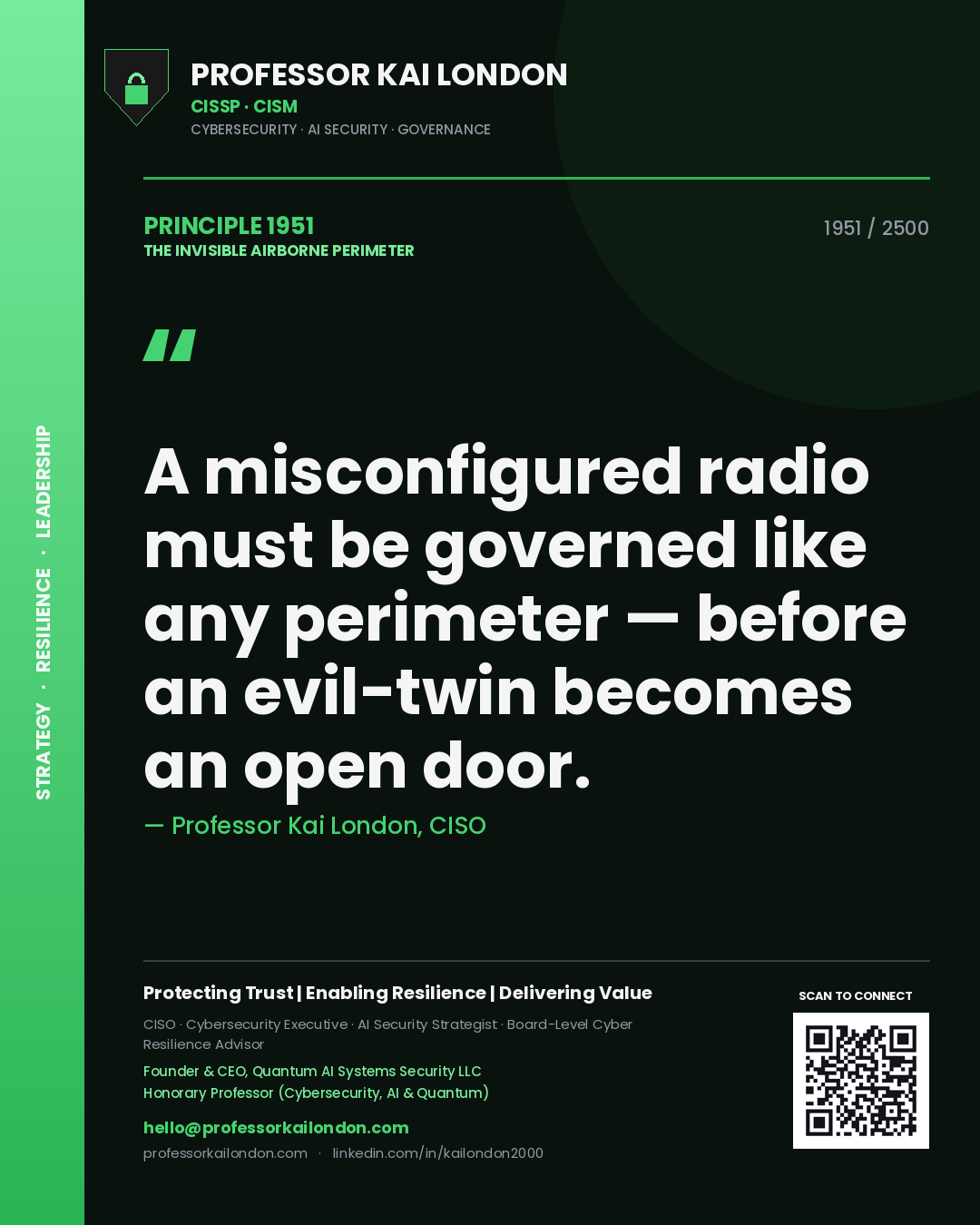 Professor Kai London principle 1951: A misconfigured radio must be governed like any perimeter — before an evil-twin becomes an open door.