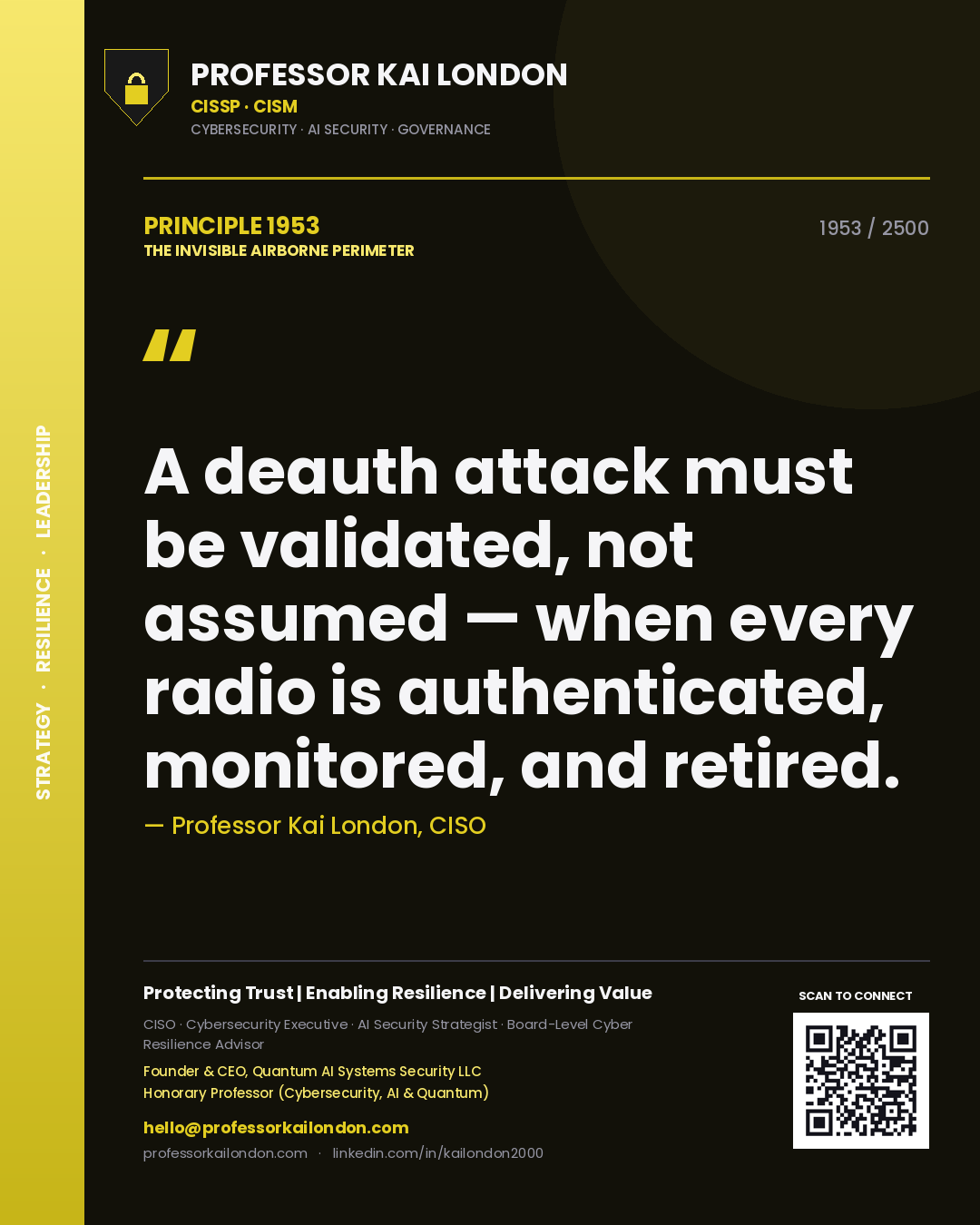 Professor Kai London principle 1953: A deauth attack must be validated, not assumed — when every radio is authenticated, monitored, and retired.