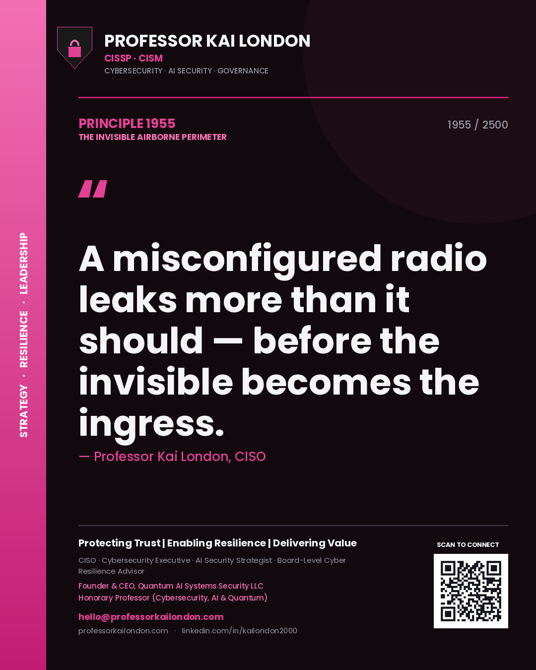 Professor Kai London principle 1955: A misconfigured radio leaks more than it should — before the invisible becomes the ingress.