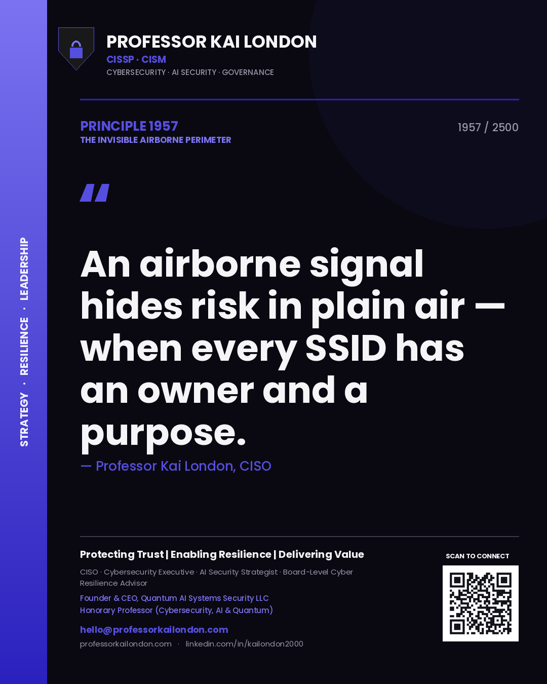 Professor Kai London principle 1957: An airborne signal hides risk in plain air — when every SSID has an owner and a purpose.