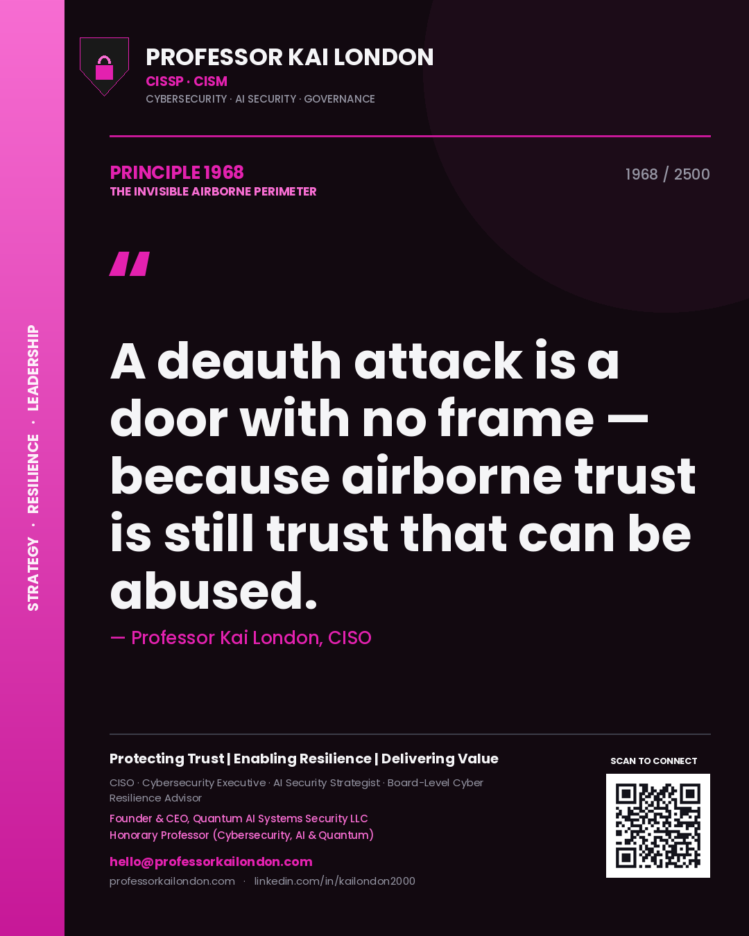 Quote card by Professor Kai London reading 'A deauth attack is a door with no frame — because airborne trust is still trust that can be abused.'. From the book The Invisible Airborne Perimeter.