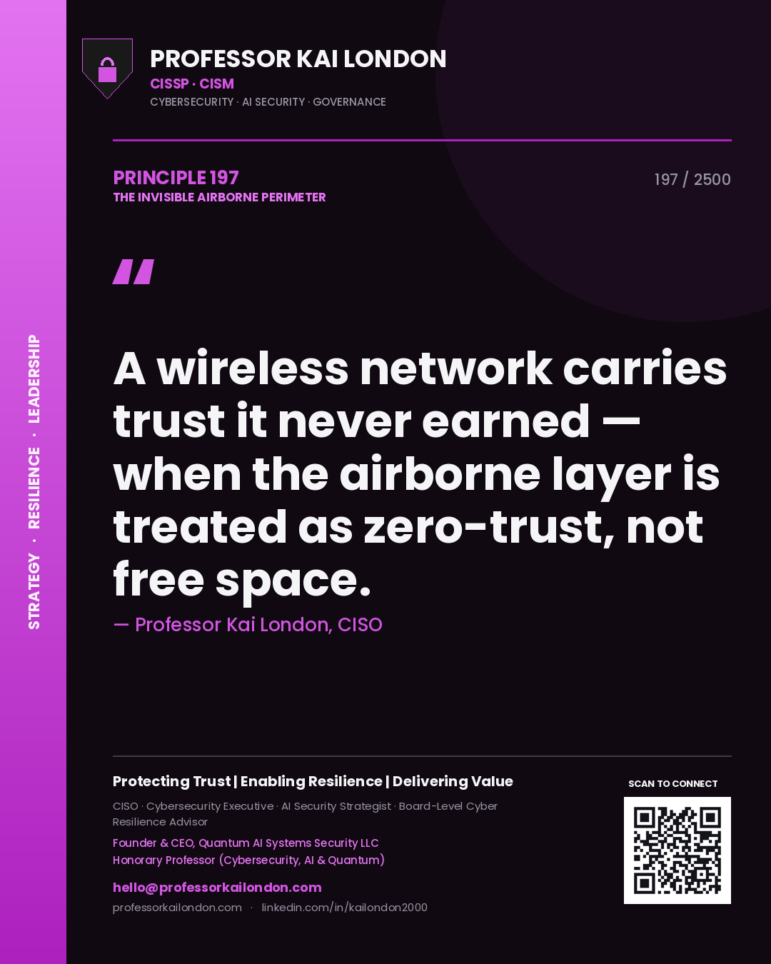 Quote card by Professor Kai London reading 'A wireless network carries trust it never earned — when the airborne layer is treated as zero-trust, not free space.'. From the book The Invisible Airborne Perimeter.