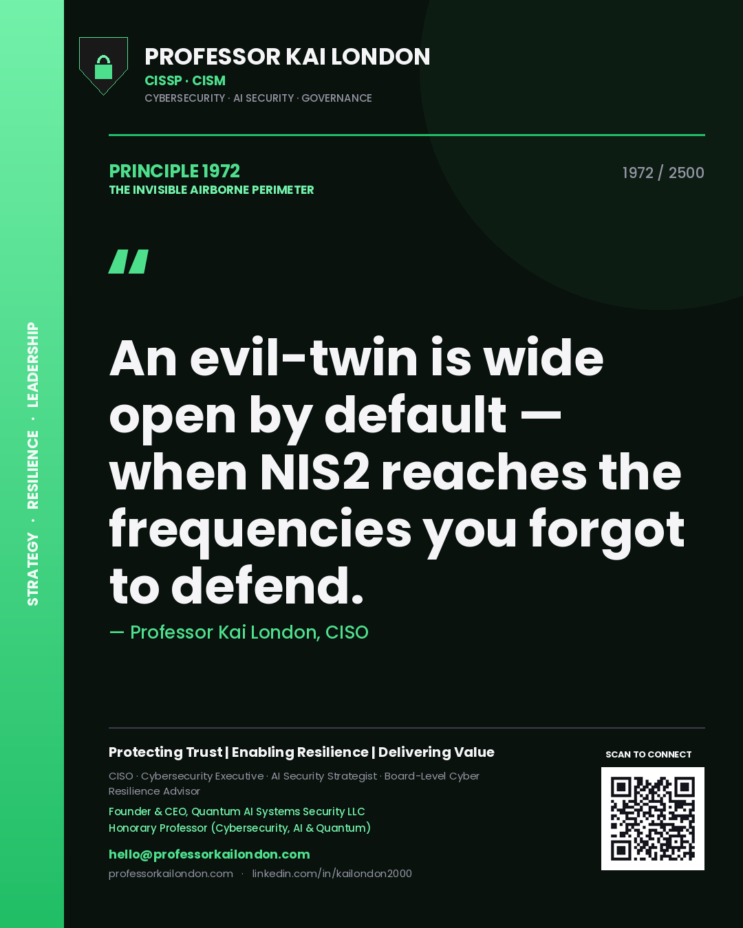 Professor Kai London principle 1972: An evil-twin is wide open by default — when NIS2 reaches the frequencies you forgot to defend.