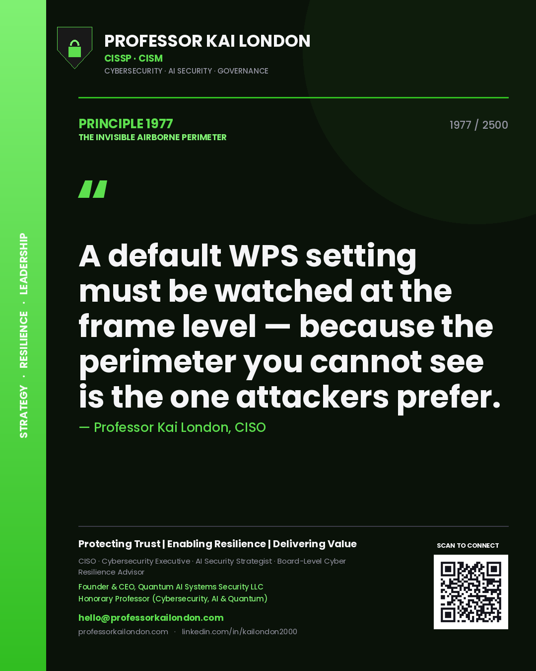 Professor Kai London principle 1977: A default WPS setting must be watched at the frame level — because the perimeter you cannot see is the one attackers prefer.