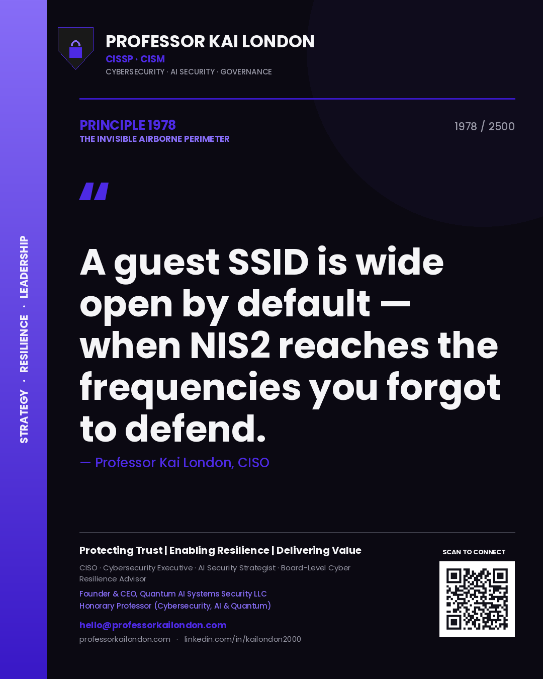 Professor Kai London principle 1978: A guest SSID is wide open by default — when NIS2 reaches the frequencies you forgot to defend.