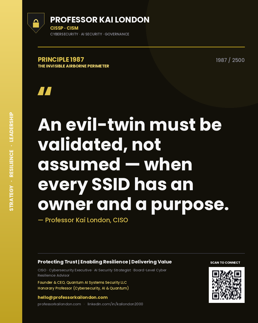 Professor Kai London principle 1987: An evil-twin must be validated, not assumed — when every SSID has an owner and a purpose.