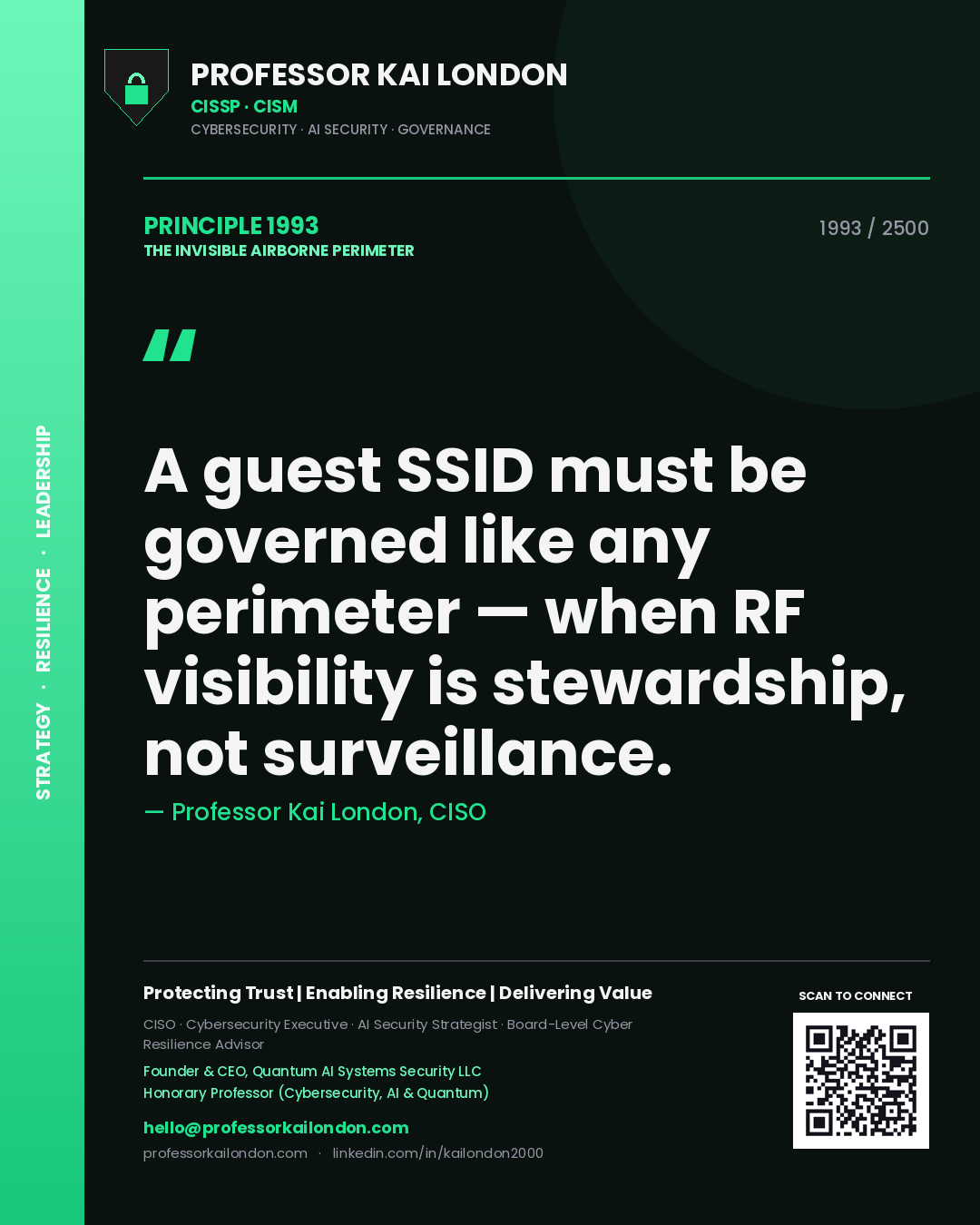 Quote card by Professor Kai London reading 'A guest SSID must be governed like any perimeter — when RF visibility is stewardship, not surveillance.'. From the book The Invisible Airborne Perimeter.