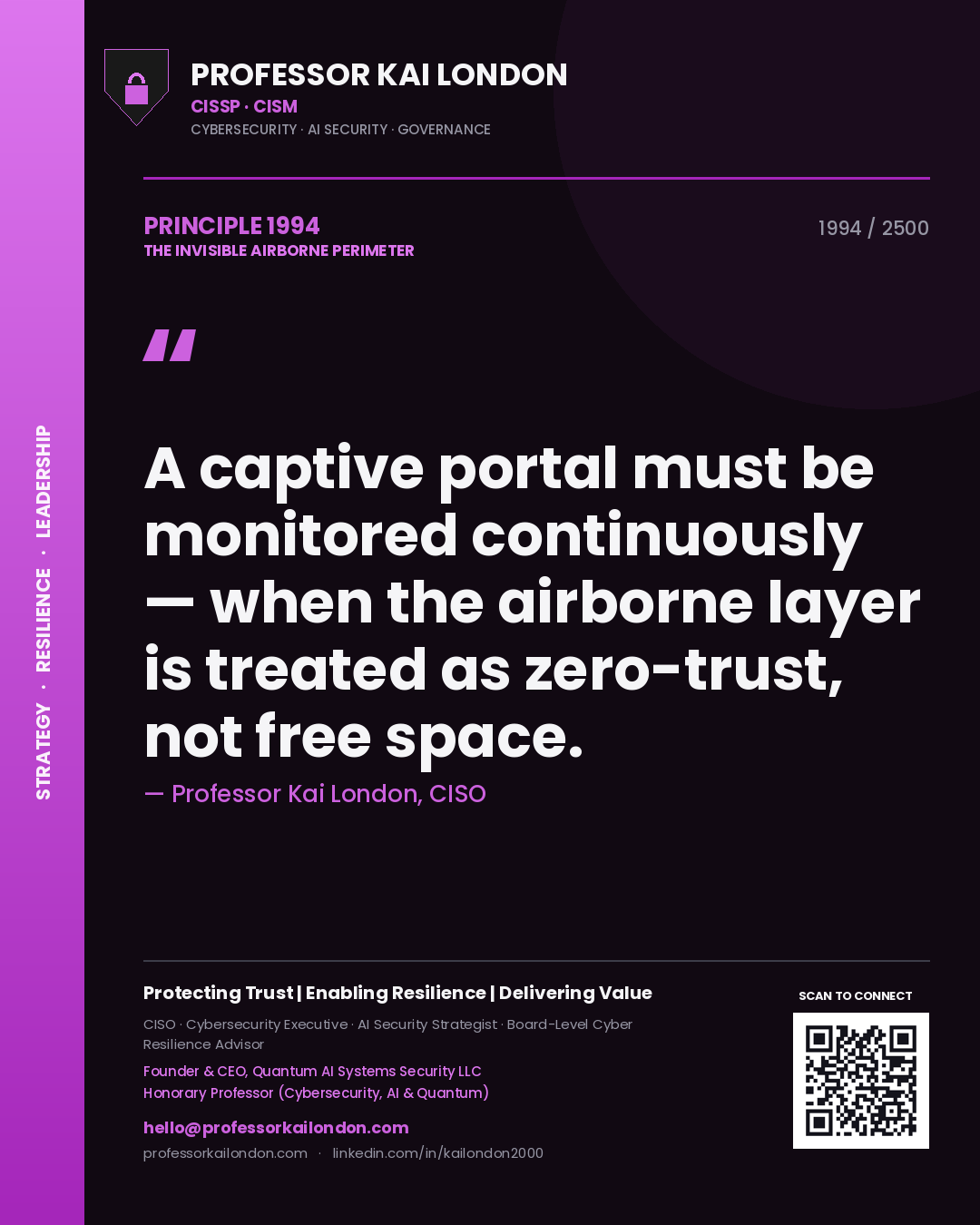 Professor Kai London principle 1994: A captive portal must be monitored continuously — when the airborne layer is treated as zero-trust, not free space.