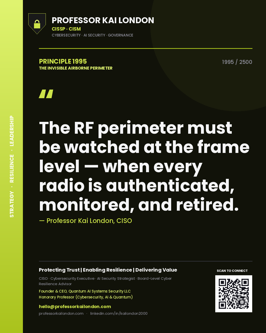 Quote card by Professor Kai London reading 'The RF perimeter must be watched at the frame level — when every radio is authenticated, monitored, and retired.'. From the book The Invisible Airborne Perimeter.