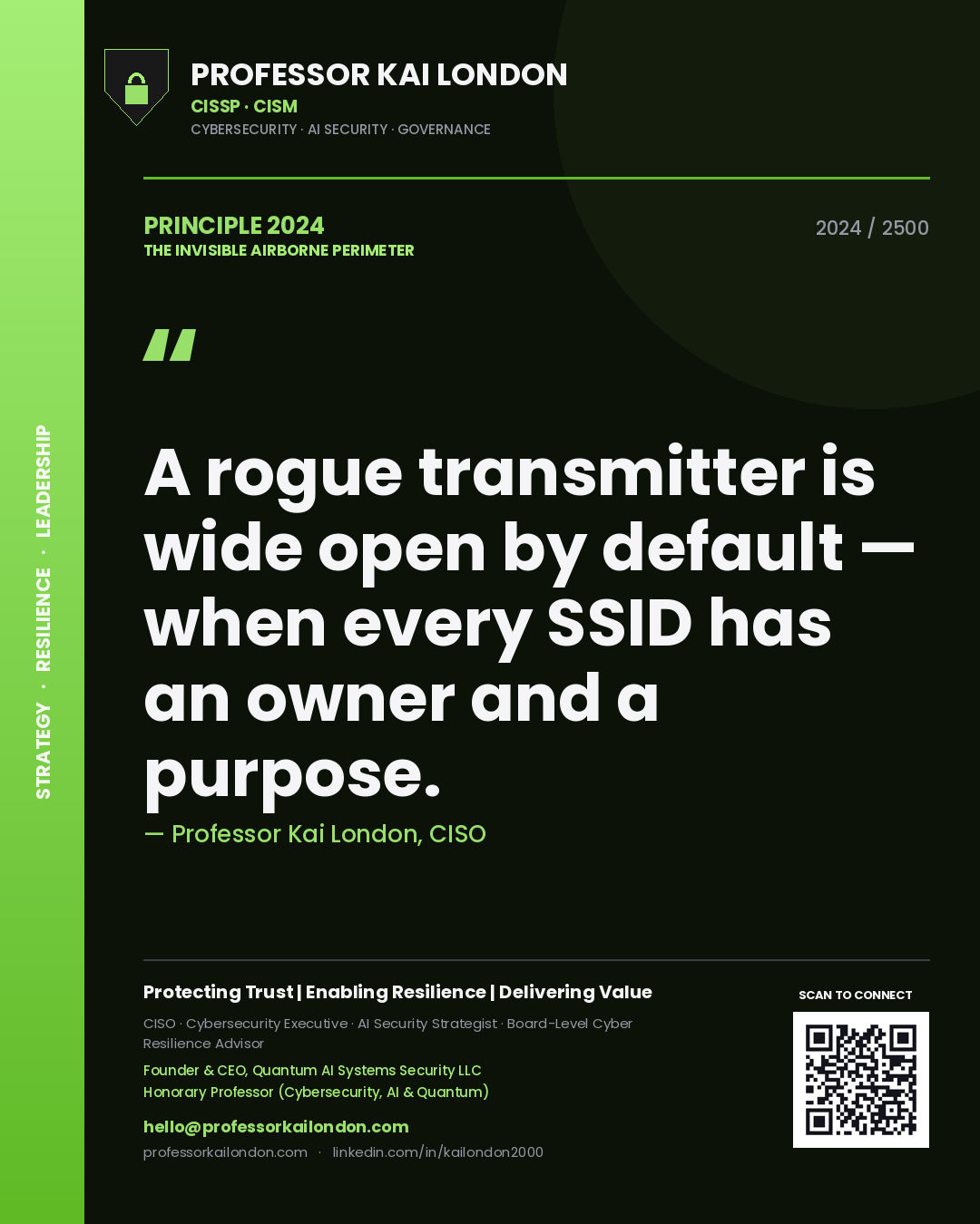 Quote card by Professor Kai London reading 'A rogue transmitter is wide open by default — when every SSID has an owner and a purpose.'. From the book The Invisible Airborne Perimeter.