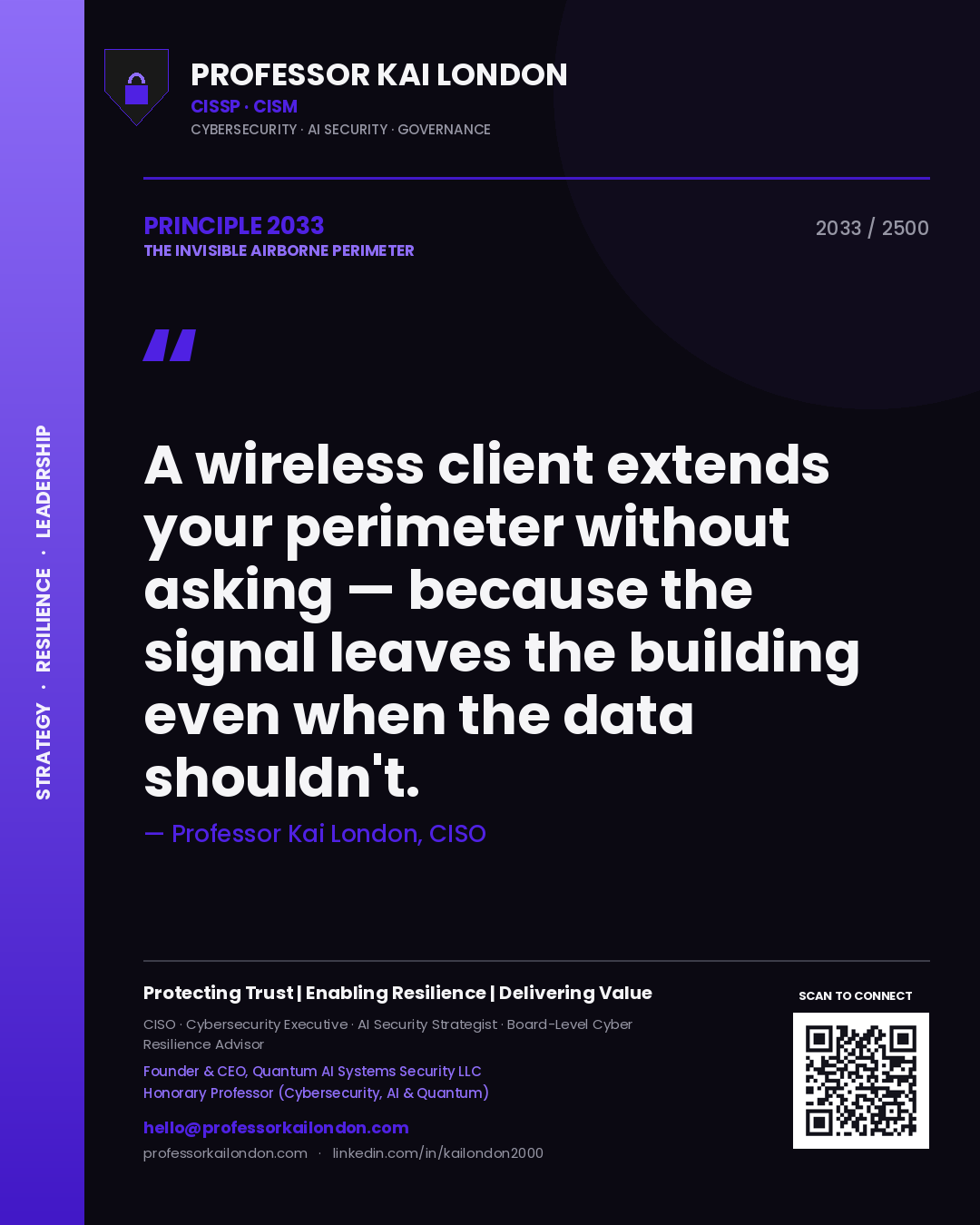 Quote card by Professor Kai London reading 'A wireless client extends your perimeter without asking — because the signal leaves the building even when the data shouldn't.'. From the book The Invisible Airborne Perimeter.