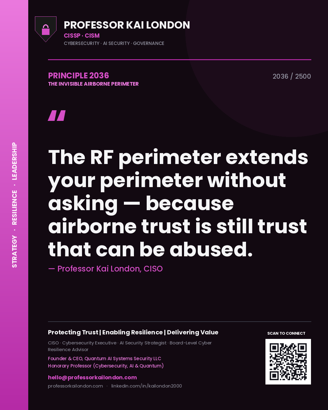 Quote card by Professor Kai London reading 'The RF perimeter extends your perimeter without asking — because airborne trust is still trust that can be abused.'. From the book The Invisible Airborne Perimeter.