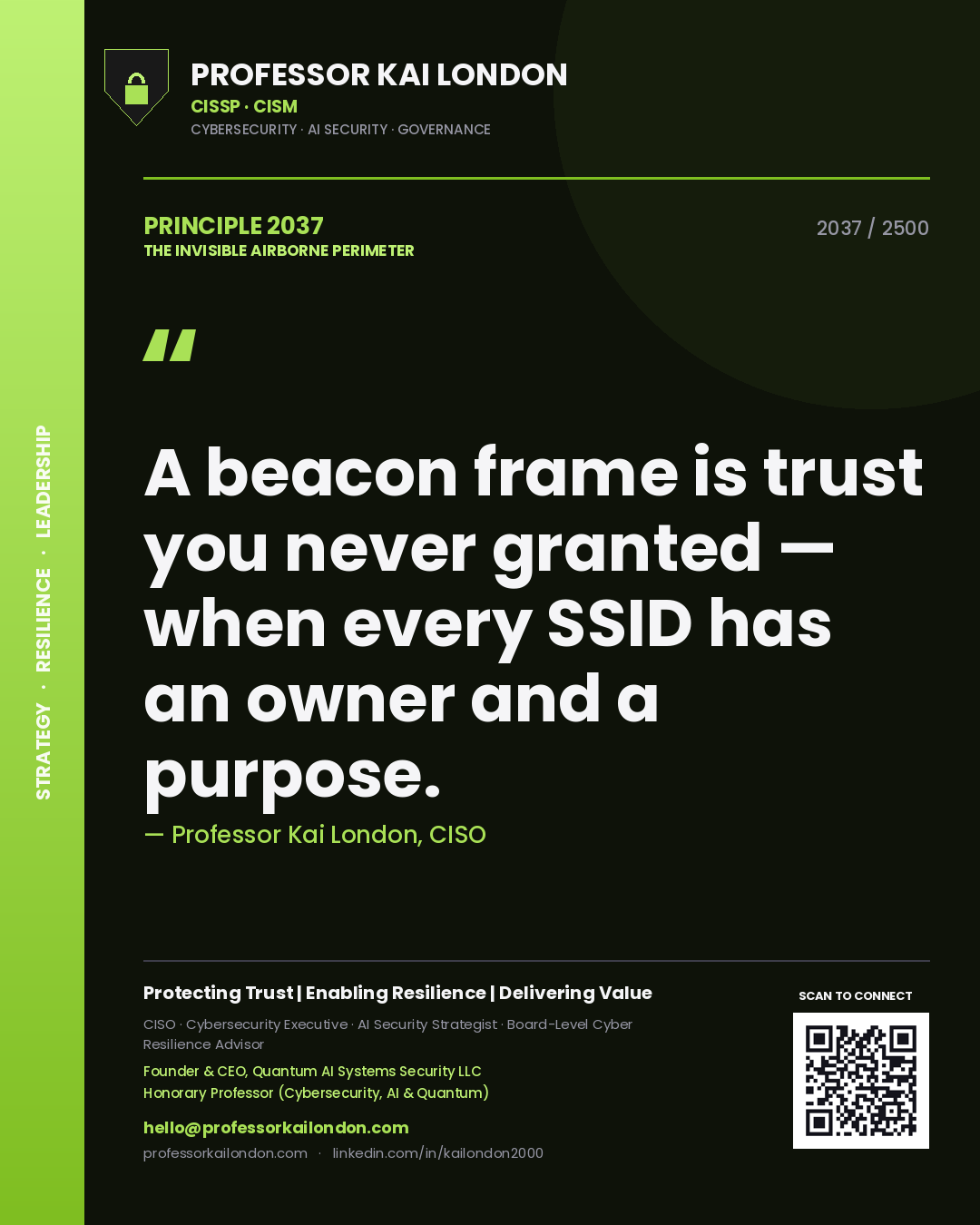 Professor Kai London principle 2037: A beacon frame is trust you never granted — when every SSID has an owner and a purpose.