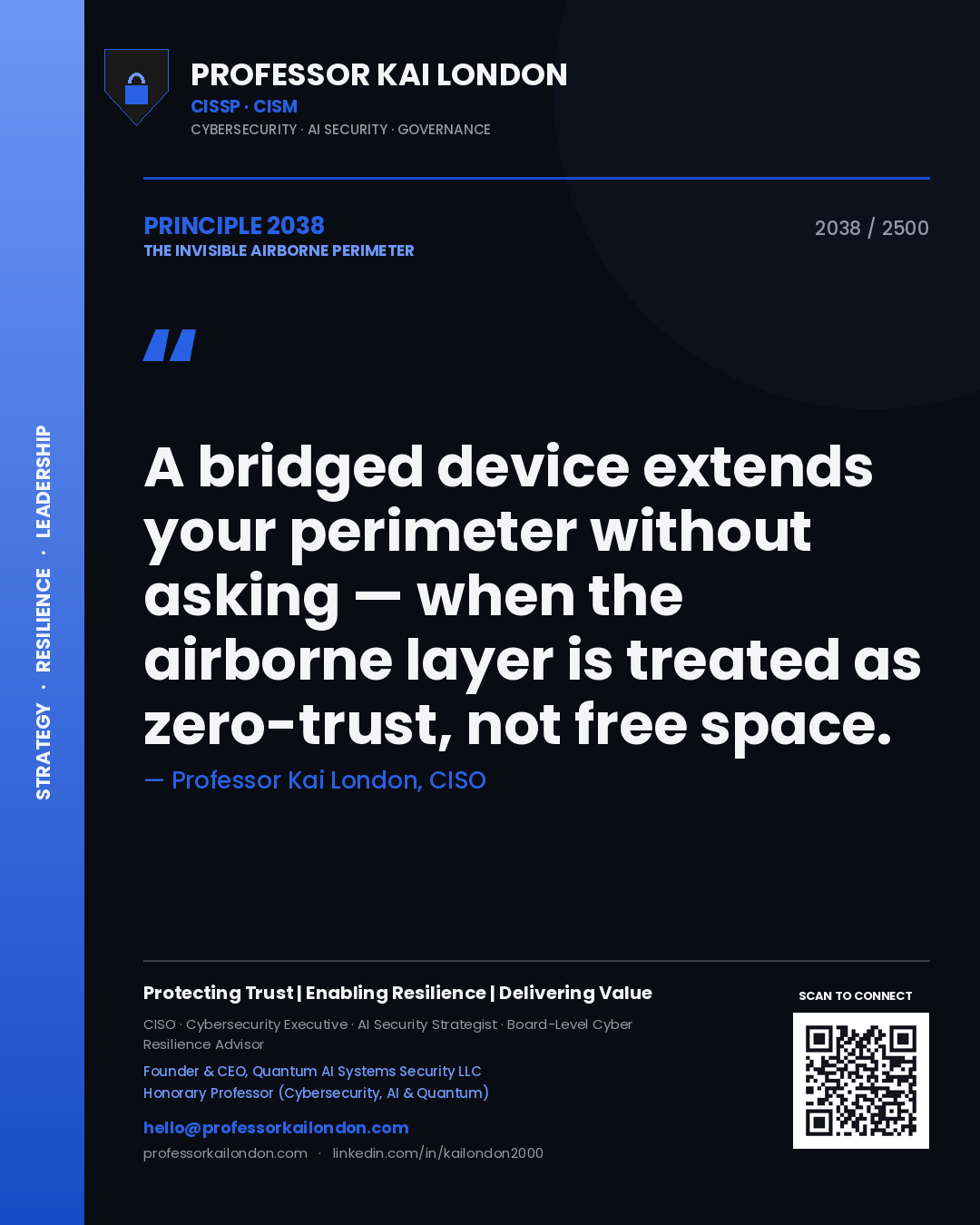 Professor Kai London principle 2038: A bridged device extends your perimeter without asking — when the airborne layer is treated as zero-trust, not free space.